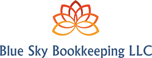 Logo for Blue Sky Bookkeeping LLC featuring a stylized, symmetrical orange and yellow floral design above the company name in blue text.